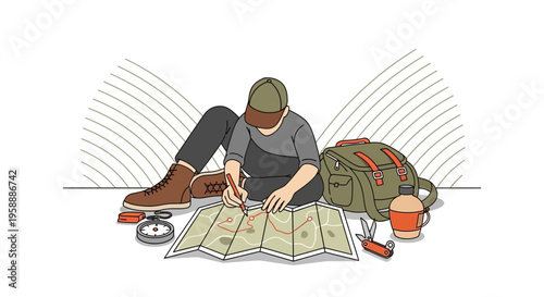 Adventurer Planning Expedition With Map And Essential Gear