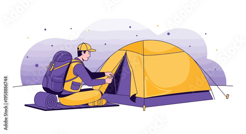 Adventurer Setting Up Camp Outdoors During Daytime Adventure