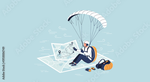 Adventurer Planning Route With Parachute Map Adventure Expedition