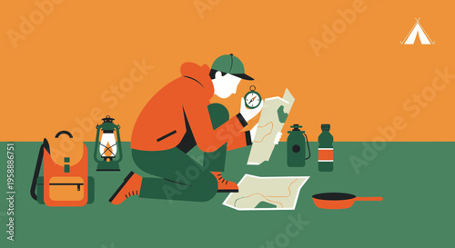 Adventurer Planning Wilderness Expedition Using Map and Compass