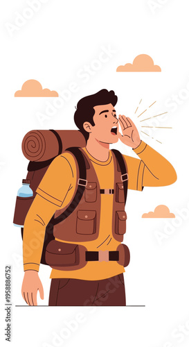 Adventurer Shouting Information During Outdoor Expedition