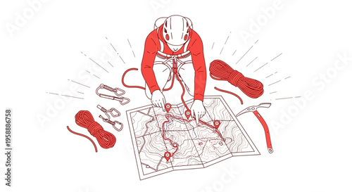 Adventurer Plans Expedition Route Using Map And Climbing Gear