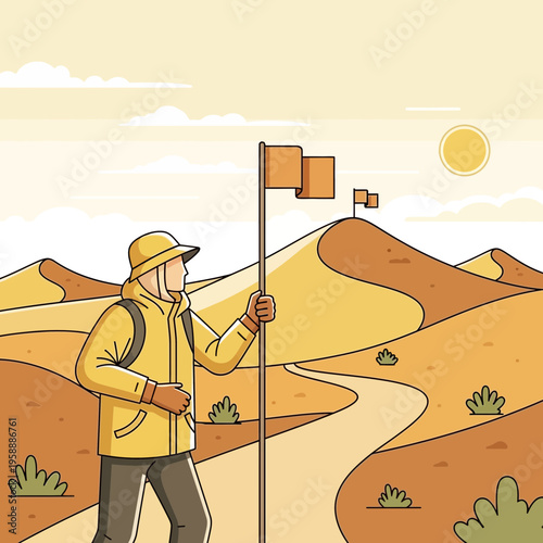 Adventurer Planting Flags On Desert Dunes Indicating Achievement