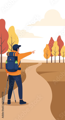Adventurer Pointing Towards Autumn Forest Path