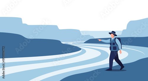 Adventurer Points Direction Along Scenic River Valley Landscape