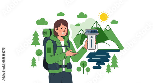 Adventurer Showcases Solar Power Device Amidst Nature Scene