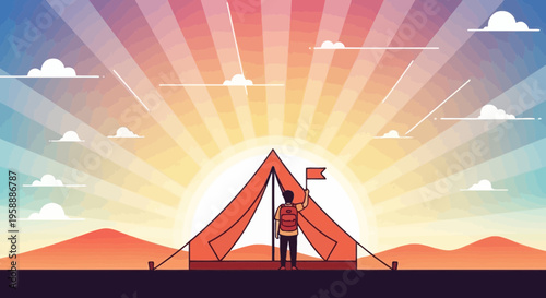 Adventurer Standing By Tent Against Vibrant Sunrise Sky