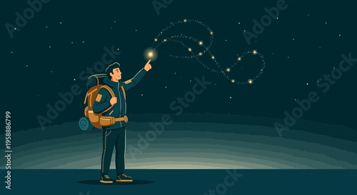 Adventurer Points To A Guiding Star Constellation In The Night Sky