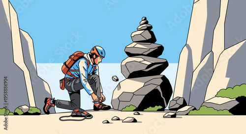 Adventurer Prepares For Mountain Ascent By Tying Climbing Boots