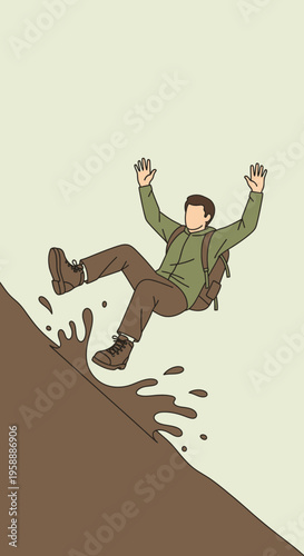 Adventurer Tumbles Down Muddy Hill With Arms Raised In Surprise