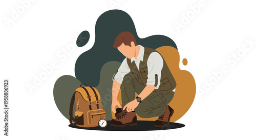 Adventurer Prepares Gear For Expedition And Ties Hiking Boots