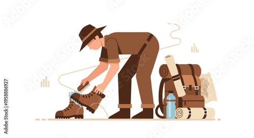 Adventurer Prepares Gear Thoroughly For Expedition Clean Boots Backpack And Map Ready