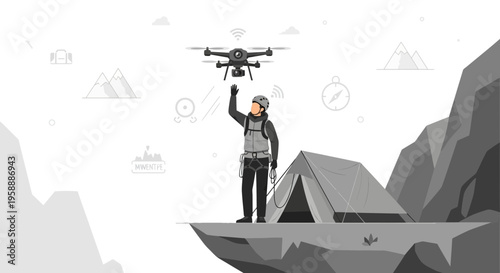 Adventurer Using Drone for Mountain Exploration and Camping