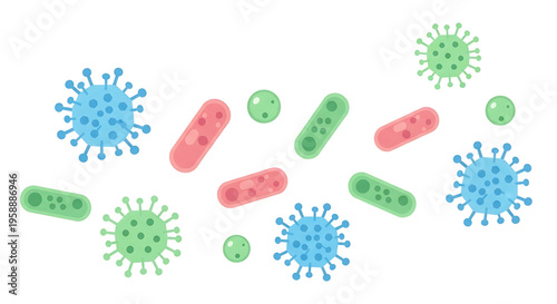 A colorful vector graphic illustration of various bacteria and viruses in different shapes and sizes.