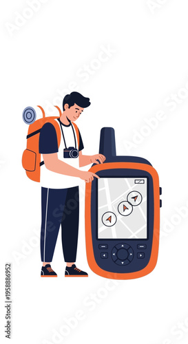 Adventurer Using GPS Device for Navigation During Outdoor Exploration