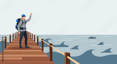 Adventurer Waving From Dock Over Rippling Ocean With Distant Boat