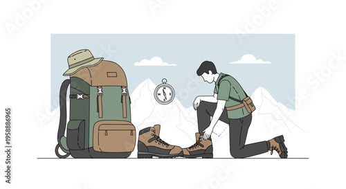 Adventurer Preparing For Mountain Expedition With Backpack and Boots