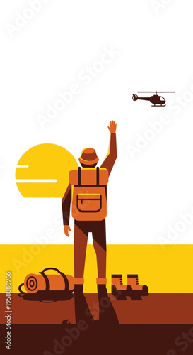 Adventurer Waving Goodbye to Helicopter Against a Vibrant Desert Sunset Landscape