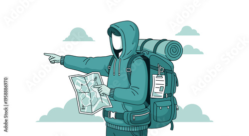 Adventurer With Backpack And Map Points The Way Forward