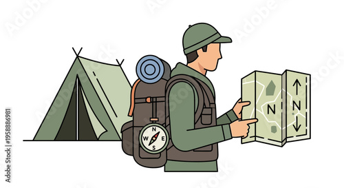 Adventurer With Backpack Navigating Using Map And Compass Next To Tent