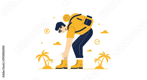 Adventurer Preparing Gear For A Tropical Expedition Journey