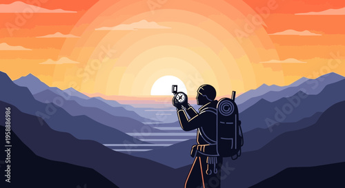 Adventurer With Compass Navigating Mountain Landscape At Sunrise