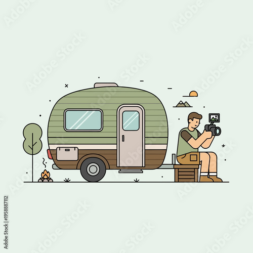 Adventurous Camper Captures Outdoor Moments With Camera In Serene Setting