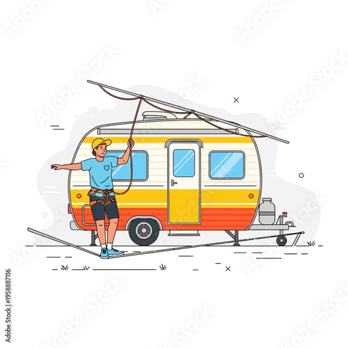 Adventurous Camper Balancing on Slackline Near Retro Trailer