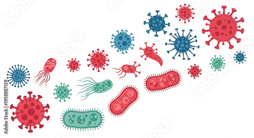 A colorful vector graphic illustration of various bacteria and viruses in different shapes and sizes