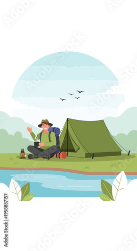 Adventurous Camper Enjoying Serene Lakeside Campsite Outdoors