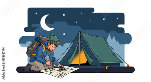 Adventurous Camper Navigating Under Starry Night Sky