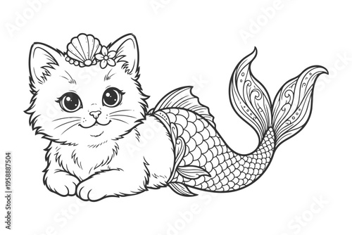 Coloring book cute mermaid kitten wears a seashell tiara with flowers an adorable character