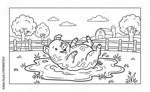 Coloring page Pig rolling playfully in a mud puddle on a farm
