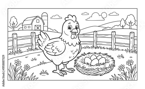 Coloring page Happy hen stands beside her nest filled with eggs on a vibrant farm
