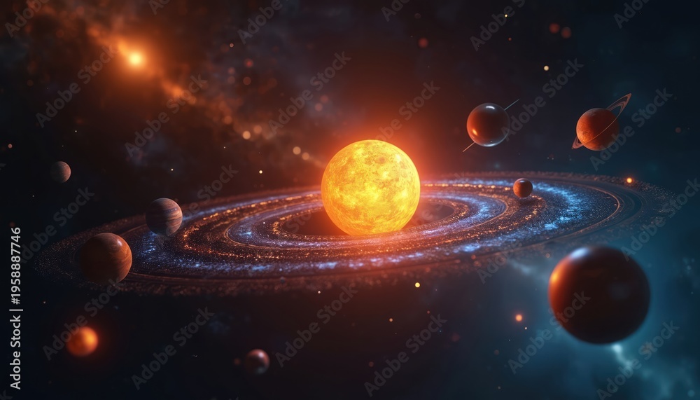 Fototapeta premium Stylized model of solar system with sun and planets orbiting on dark cosmic background. Space illustration depicts celestial bodies motion. Digital art.