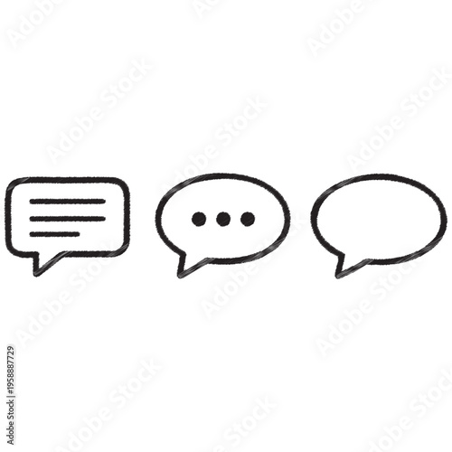 Three black outline speech bubbles with textured edges on white talk chat message