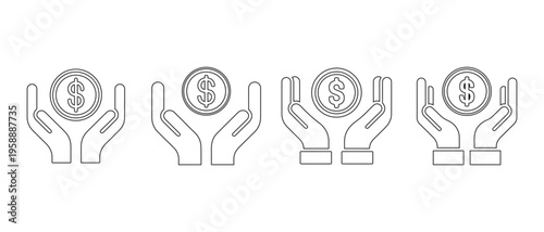 Hand holding dollar coin icon set. representing financial care, savings, and investment support.