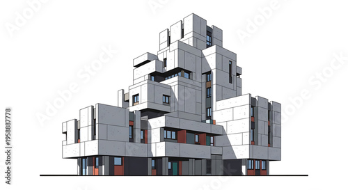 A modern, futuristic building design with a unique, multi-level architectural structure