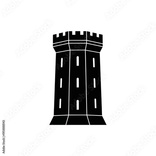 Black silhouette of a castle tower with crenellations, depicting a strong defensive structure