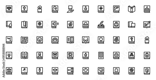 Books icon set. Vector illustration. Minimal line icons pack. Includes book, bible, download, fairy tale, comic, recipe, diary, audio book and more. Editable stroke.