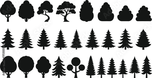 Large collection of black tree silhouettes including pine fir and deciduous forest plants isolated on white background for nature vector design,