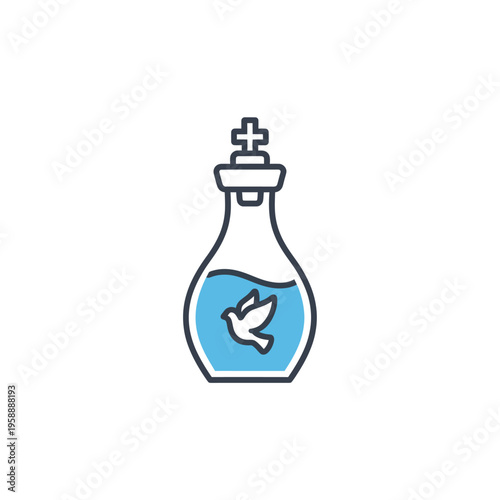 Minimalist Line Art Icon of Holy Water Flask with Christian Cross and Dove Symbol, Representing Baptism, Peace, and the Holy Spirit in a Clean Vector Design