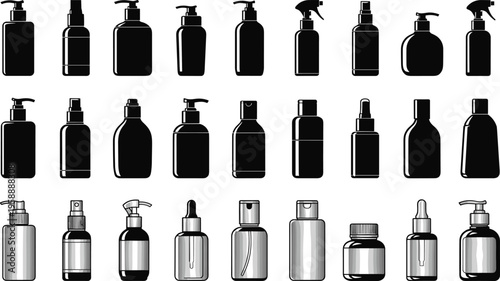 Large set of cosmetic bottle silhouettes and realistic icons including pumps sprays and droppers isolated on white background vector illustration
