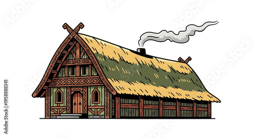 A colorful illustration of a traditional Viking house with a thatched roof and smoke coming out of the chimney