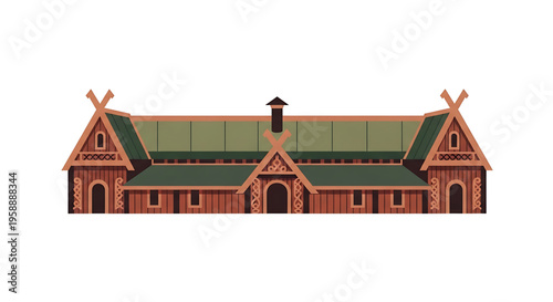 A traditional Viking longhouse with a green roof and wooden structure, depicted in a flat, minimalist vector illustration style.