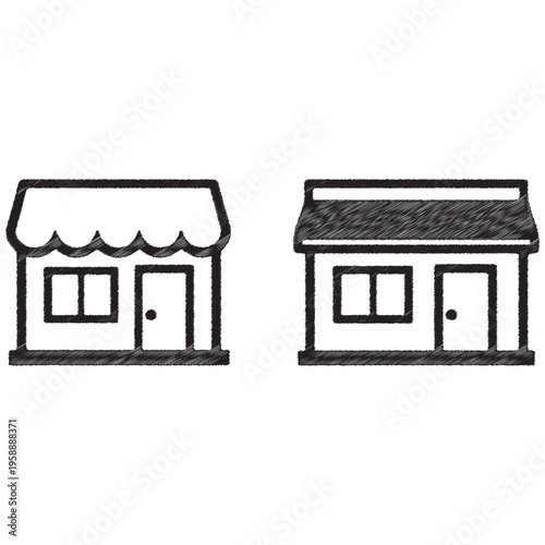 Two black and white sketched storefronts with awnings and windows shop building facade