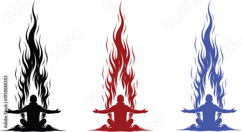 Meditation Silhouette Set of Person in Yoga Pose with Rising Flame Energy, Spiritual Enlightenment, Inner Fire, and Zen Healing Concepts.