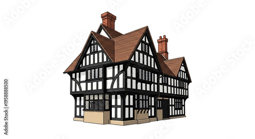 A traditional English half-timbered house with a brown roof and chimneys