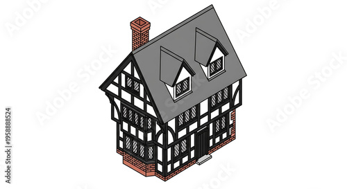 A vector graphic illustration of a traditional English Tudor-style house with a grey roof and black and white half-timbering.