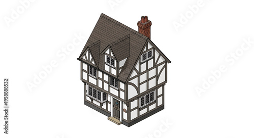 A vector graphic illustration of a traditional English half-timbered house with a brown roof and chimney